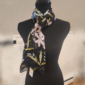 NWT Talbots Womens 100% Silk Floral Scarf Black Purple Yellow Lily Print